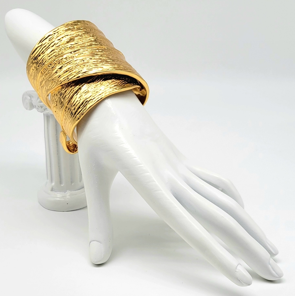 Yves Saint Laurent Paris HEAVY RARE Chunky Wide Gold Leaf Cuff Bracelet